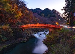 Oświetlony, Most, Shinkyo Bridge, Rzeka, Daiya River, Las, Drzewa, Jesień, Nikko, Japonia