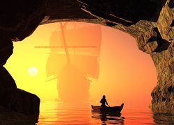 Człowiek w łódce na tle żaglowca w zachodzącym słońcu