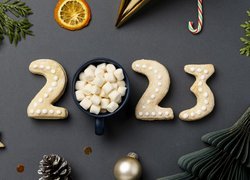 Nowy Rok, Ciasteczka, Cyfry, 2023, Krakersy, Kubek, Pianki, Gałązki
