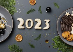 Nowy Rok, Ciasteczka, Data, 2023, Talerzyki, Bombki, Czekolada, Gałązki