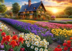 Dom i kolorowe kwiaty na rabatach w ogrodzie w blasku słońca