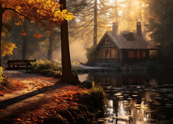 Dom nad stawem w zamglonym parku jesienią