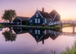 Holandia, Wschód słońca, Domy, Most, Kanał, Drzewa, Skansen Zaanse Schans, Zaandam