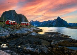 Norwegia, Góry, Lofoty, Czerwone, Domki, Kamienie, Morze Norweskie