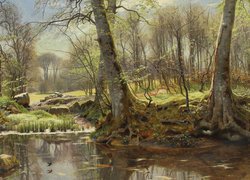 Reprodukcja obrazu, Peder Mork Monsted, Pejzaż, Rzeka, Drzewa, Roślinność