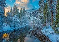 Zima, Góry, Rzeka, Merced River, Drzewa, Śnieg, Park Narodowy Yosemite, Kalifornia, Stany Zjednoczone