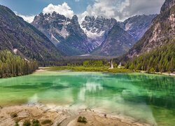 Góry, Dolomity, Niebo, Las, Drzewa, Jezioro Durrensee, Włochy