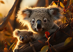 Duży i mały koala na konarze drzewa