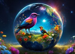 Dwa kolorowe ptaki i kwiaty w kuli