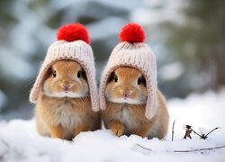 Dwa króliki w czapkach z czerwonym pomponem na śniegu