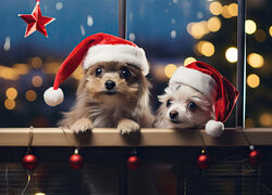 Dwa psy w czapkach Mikołaja obok dekoracji świątecznej