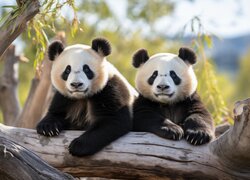 Dwie pandy oparte o konar drzewa