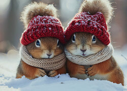 Dwie wiewiórki w czapkach