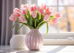 Tulipany, Różowe, Kwiaty, Wazon, Okno, Grafika