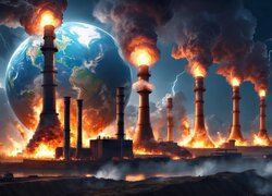 Dymiące kominy na tle kuli ziemskiej w grafice fantasy