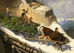 Góry, Zima, Śnieg, Mężczyzna, Dzieci, Sanie, Choinka, Wół, Malarstwo, Obraz, Josef Anton Strassgschwandtner