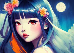 Dziewczyna, Kwiaty, Księżyc, Chmury, Anime