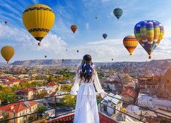 Dziewczyna, Balony, Balkon, Kapadocja, Turcja