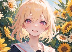 Dziewczyna, Rumieniec, Kwiaty, Słoneczniki, Lato, Anime