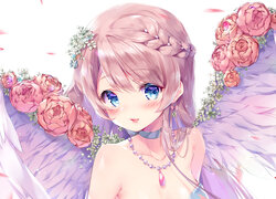 Anime, Dziewczyna, Anioł, Skrzydła, Niebieskie, Oczy, Kwiaty, Róże