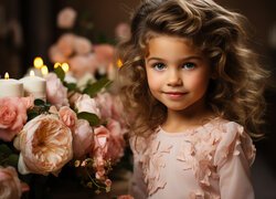 Dziewczynka obok kwiatów i świec