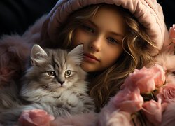 Dziewczynka w kapturze i puszysty kot wśród róż