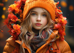 Dziewczynka w pomarańczowej kurtce i kwiatami na kapturze