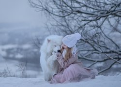 Dziewczynka, Czapka, Zima, Śnieg, Pies, Samojed