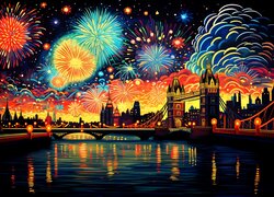 Nowy Rok, Domy, Rzeka, Most, Oświetlenie, Kolorowe, Fajerwerki, Grafika, Londyn, Anglia