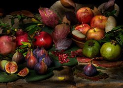 Owoce, Jabłka, Granaty, Figi, Liście, Kompozycja