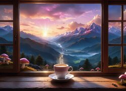 Filiżanka kawy i grzyby na parapecie okna z widokiem na góry