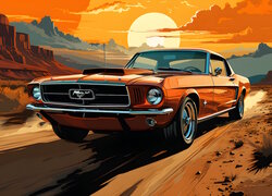 Ford Mustang, Droga, Góry, Zachód słońca, Grafika