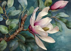 Gałązka z rozkwitniętymi magnoliami w zbliżeniu