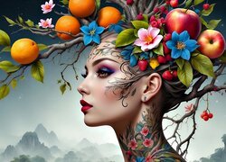 Gałązki z kwiatkami i owocami na głowie kobiety