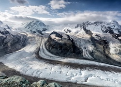 Góry Alpy, Lodowiec Gornergletscher, Szwajcaria, Śnieg, Chmury Zima