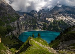 Szwajcaria, Góry, Alpy, Jezioro, Oeschinen Lake, Drzewa, Chmury