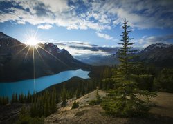 Park Narodowy Banff, Jezioro, Peyto Lake, Góry, Canadian Rockies, Lasy, Chmury, Promienie słońca, Alberta, Kanada