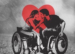 Niepełnosprawni, Zakochani, Wózki, Inwalidzkie, Deszcz, Serce, Miś