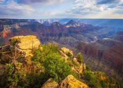 Skały, Góry, Kanion, Grand Canyon, Park Narodowy Wielkiego Kanionu, Drzewa, Chmury, Arizona, Stany Zjednoczone