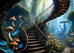 Grzyby obok schodów w magicznym lesie