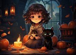 Halloween, Dziewczynka, Koty, Dynie, Świeca