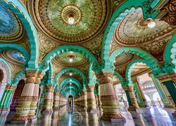 Indie, Mysore, Pałac, Mysore Palace, Amba Vilas, Sala, Wnętrze, Filary, Hol, Durbar Hall