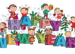 Ilustracja z napisem Happy New Year i roześmianymi dziećmi