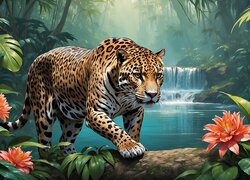 Jaguar, Rzeka, Kaskada, Rośliny, Kwiaty, 2D