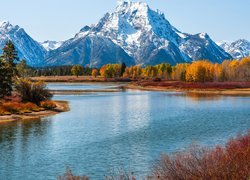 Park Narodowy Grand Teton, Rzeka Snake River, Góry Teton Range, Drzewa, Jesień, Stan Wyoming, Stany Zjednoczone