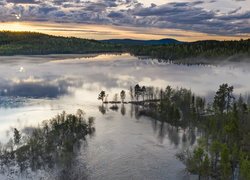 Jezioro Inari, Lasy, Drzewa, Mgła, Laponia, Finlandia