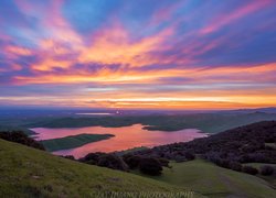 Wschód słońca, Dolina, Jezioro, Park regionalny Dell Valle, Livermore, Kalifornia, Stany Zjednoczone