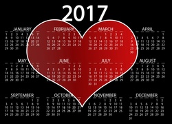 Kalendarz na 2017 rok z czerwonym sercem