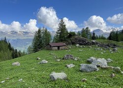 Kamienie i domek na zielonym wzgórzu