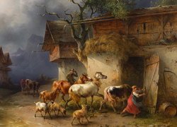 Malarstwo, Obraz, Friedrich Gauermann, Domy, Obora, Krowy, Konie, Kobieta, Zwierzęta